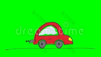 动画的<strong>红色</strong>汽车，动画<strong>手绘卡</strong>通插图，循环能力，在色度键绿色屏幕背景。